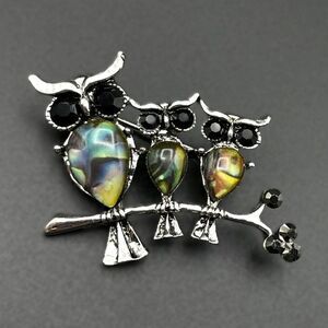 Silver Owl Trio on Branch with Abalone Shell Enamel and Crystal Pin Back Brooch